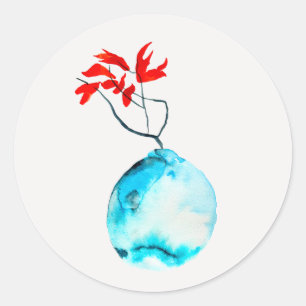 Adesivo Redondo Ikebana aquarela vase azul