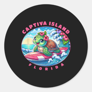 Adesivo Redondo Ilha Captiva Flórida Garota Surfista Fofa Tartarug