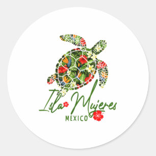 Adesivo Redondo Ilha das Mulheres México Tartaruga Marinha Hibisco