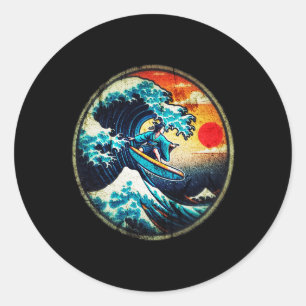 Adesivo Redondo Ilha de Surf Vintage Retro Ukiyo-e Japão Praia M