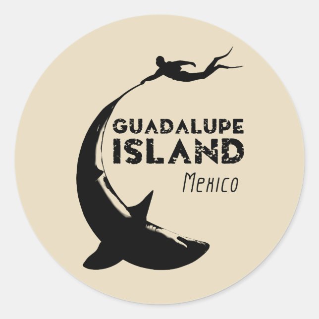 Adesivo Redondo Ilha Guadalupe México | Mergulho Com Tubarões (Frente)
