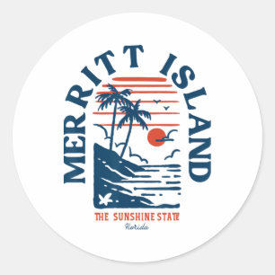 Adesivo Redondo Ilha Merritt Flórida Retro Surfista Praia Vintage