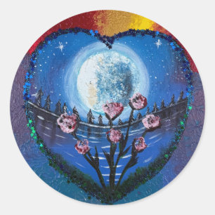 Adesivo Redondo Iluminado pela lua e flores - obra de arte feita à