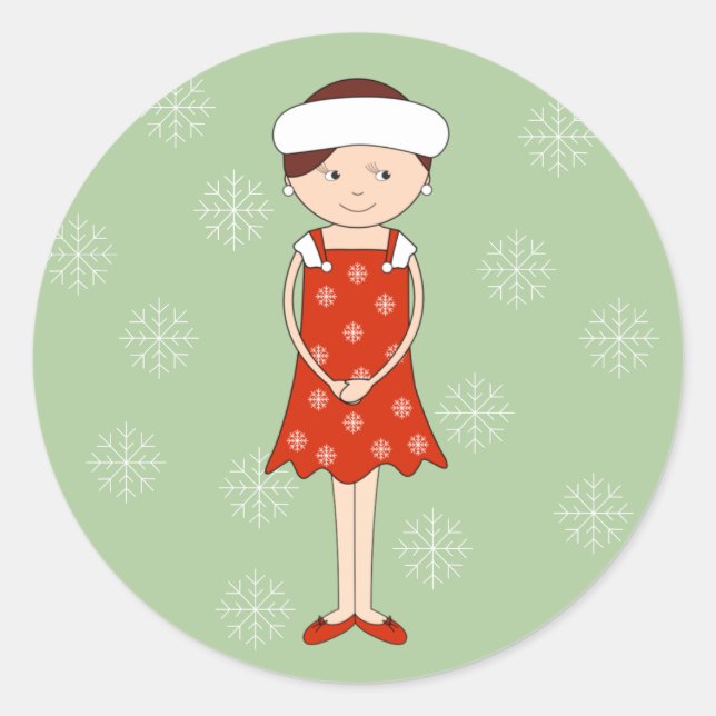 Adesivo Redondo Ilusima Natal Winter Girl Flocos de neve verde (Frente)