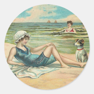 Adesivo Redondo Ilustração antiga Beachy do litoral