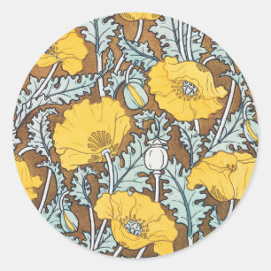 Adesivo Redondo Ilustração Art Nouveau Amarela Flor de Papoula