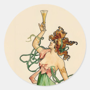 Adesivo Redondo Ilustração Art Nouveau Vintage da Dama do Champanh