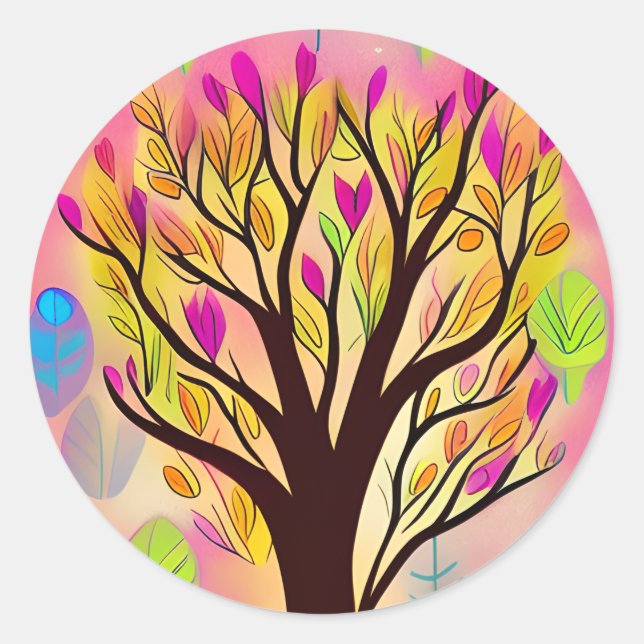 Adesivo Redondo Ilustração bonito de árvore colorida (Frente)