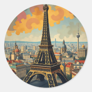 Adesivo Redondo Ilustração Colorida da Torre Deco Eiffel