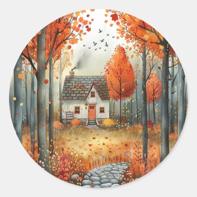 Adesivo Redondo Ilustração da Floresta de Outono de Algodão Branco (Frente)