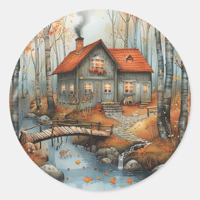 Adesivo Redondo Ilustração da ponte de algodão do outono (Frente)