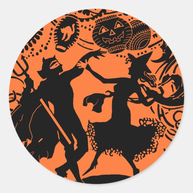 Adesivo Redondo Ilustração da Silhueta de Dança da Bruxa do Diabo  (Frente)