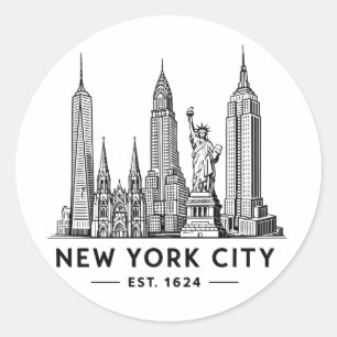 Adesivo Redondo Ilustração da Silhueta de Nova York com Estátua da