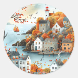 Adesivo Redondo Ilustração da Vila Costeira do outono