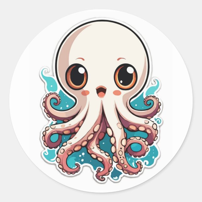 Adesivo Redondo Ilustração de Animação de Octopus Bonito (Frente)