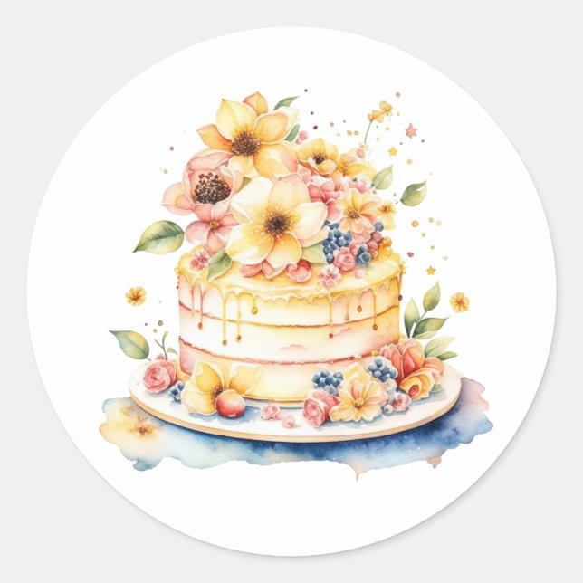 Adesivo Redondo Ilustração de Aquarela de Aniversário ou Assar de  (Frente)