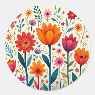 Adesivo Redondo Ilustração de Arte de Flor Colorida,