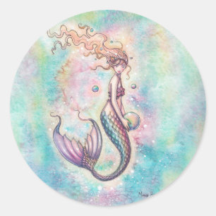 Adesivo Redondo Ilustração de Arte Fantasia de Sereia Arco-íris