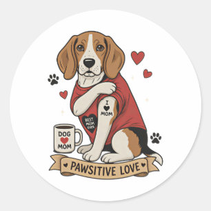 Adesivo Redondo Ilustração de Beagle com Tatuagem Eu Amo Mamãe