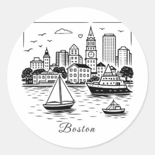Adesivo Redondo Ilustração de Boston em linha preta