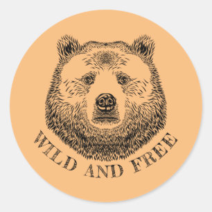 Adesivo Redondo Ilustração De Cabeça De Urso, Selvagem E Livre, De