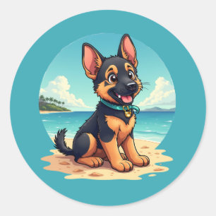 Adesivo Redondo Ilustração de Cachorro Pastor Alemão Fofo na Praia
