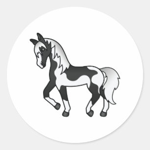 Adesivo Redondo Ilustração de Cartoon de Cavalo Trotante de Pinto 