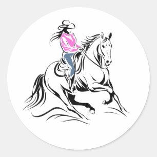 Adesivo Redondo Ilustração de Cavalo de Montaria de Cowgirl Ociden