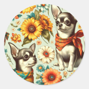 Adesivo Redondo Ilustração de Chihuahua Retro Cute