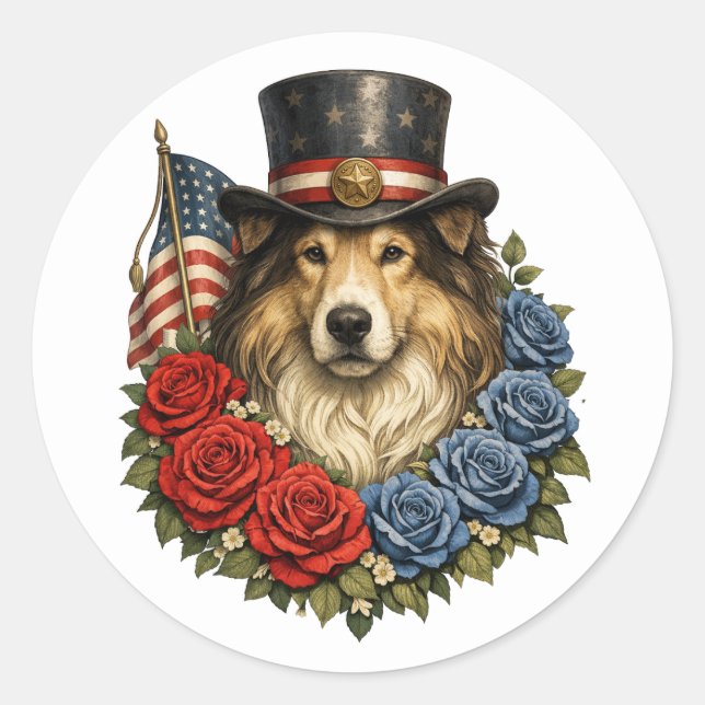 Adesivo Redondo Ilustração de Collie da Liberdade (Frente)