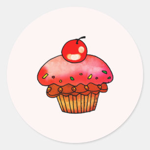 Adesivo Redondo Ilustração de Cupcake de Cereja Rosa Fofa Arte de 