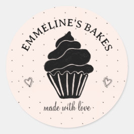 Adesivo Redondo Ilustração de Cupcake Rosa e Preto para Confeiteir
