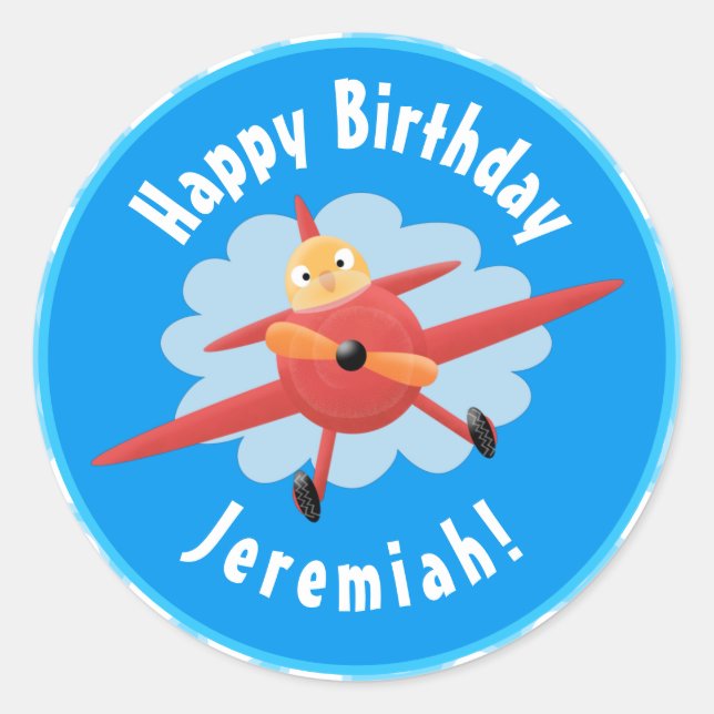 Adesivo Redondo Ilustração de desenho animado de avião vermelho-vo (Frente)