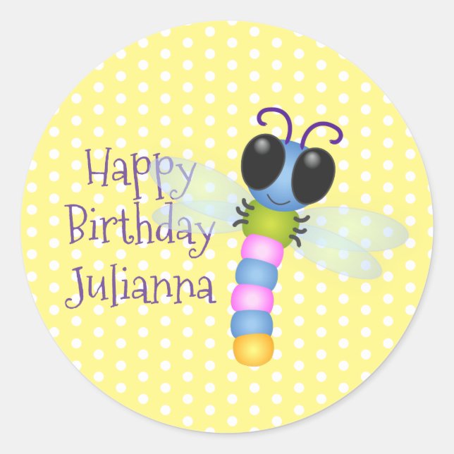 Adesivo Redondo Ilustração de desenho animado de libélula, azul e  (Frente)