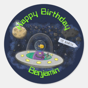 Adesivo Redondo Ilustração de desenho animado de navio espacial OV