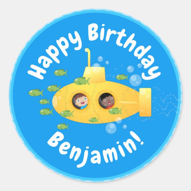 Adesivo Redondo Ilustração de desenho animado submarino amarelo (Frente)