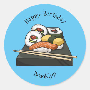 Adesivo Redondo Ilustração de desenho animado Sushi