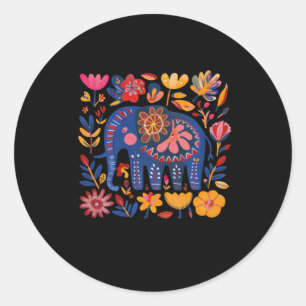 Adesivo Redondo Ilustração de Elefante Padrão Floral Colorida