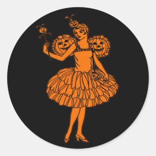 Adesivo Redondo Ilustração de Fada de Abóbora de Halloween Vintage