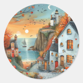Adesivo Redondo Ilustração de Farol de outono Whimsical