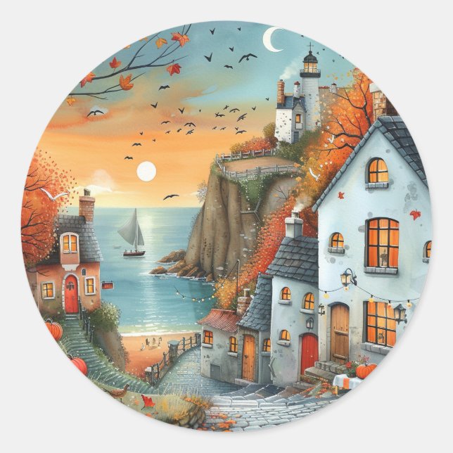 Adesivo Redondo Ilustração de Farol de outono Whimsical (Frente)