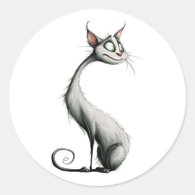Adesivo Redondo Ilustração de Gato de Pescoço Longo Branco Whimsic (Frente)
