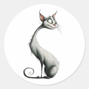 Adesivo Redondo Ilustração de Gato de Pescoço Longo Branco Whimsic