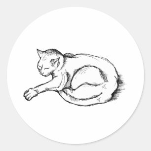 Adesivo Redondo Ilustração de Gato Dormindo Desenho à Caneta Arte
