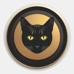 Adesivo Redondo Ilustração de Gato Preto em Círculo Dourado