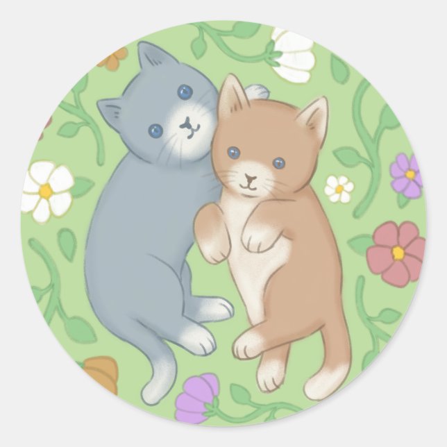 Adesivo Redondo Ilustração de Gatos e Flores (Frente)