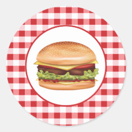 Adesivo Redondo Ilustração de Hambúrguer Fast Food em Xadrez Verme