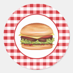 Adesivo Redondo Ilustração de Hambúrguer Fast Food em Xadrez Verme