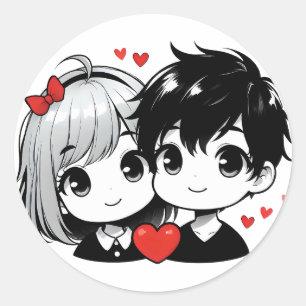Adesivo Redondo Ilustração de história de amor fofa Chibi para o D