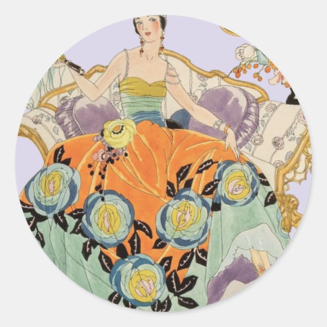 Adesivo Redondo Ilustração de Moda Art Déco Vintage Elegante  (Frente)